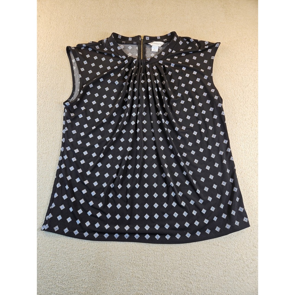 Liz Claiborne Black Blue Geometric Sleeveless Pleated Blouse Women's L